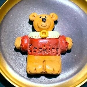 Vintage Cookies Bear Teddy Metal Resin Brooch Pin Brown White Red 1.25" VG